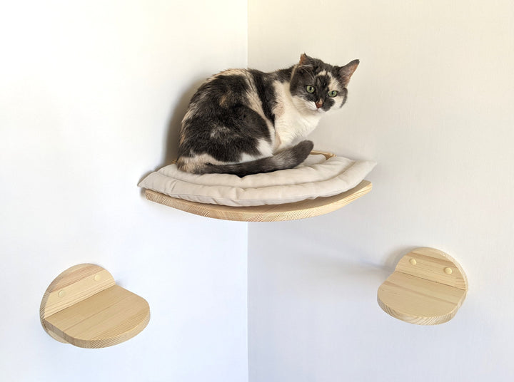 Corner Cat Shelf Bed from Pine Wood with Steps, Wall mounting corner cat tree, Wall mounted cat bed, Cat Shelves, Wall Cat Bed with pillow