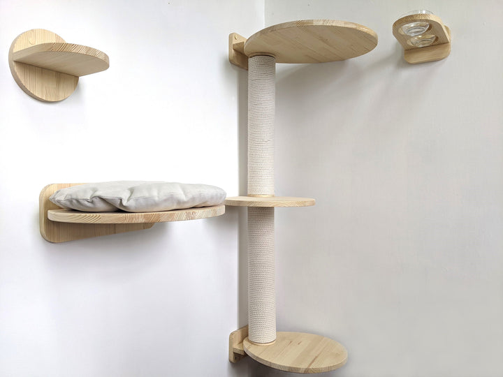 SET of 9 Cat Shelves: Bridge with pillow, 5 Steps, Scratching post, Round Shelf, Feeder 2 Bowls, Cat furniture, Cat wall shelves, Cat ladder