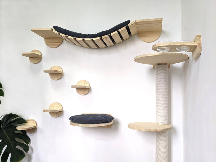 SET of 9 Cat Shelves: Bridge with pillow, 5 Steps, Scratching post, Round Shelf, Feeder 2 Bowls, Cat furniture, Cat wall shelves, Cat ladder