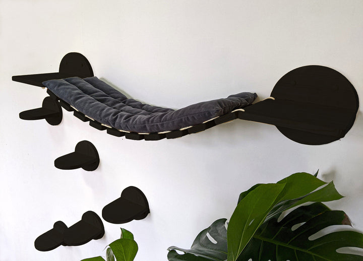 Set of Cat Bridge with Pillow and 5 Steps in Black Color, Cat wall furniture set, Cat climbing wall, Cat wall furniture, Cat tower furniture