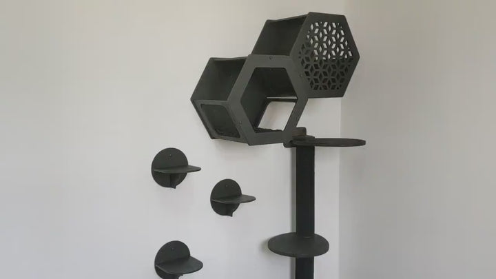 Stylish SET of 7 Cat Shelves for wall in a Black Color, Cat Furniture Set included Cat Tree Tower, L Steps and Hexagons with pillows