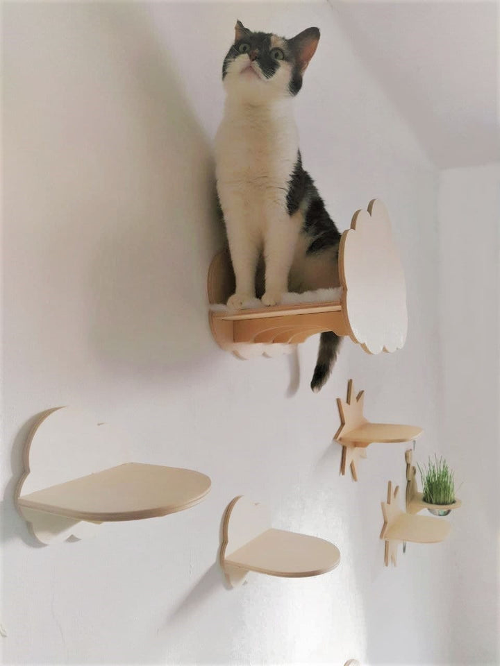 Huge Set For Cats "Between Clouds and Stars", Cat Wall Shelves Set with Furr Bed, Bridge, Cute Steps, and Food Bowl! Wall Mounted Cat Set