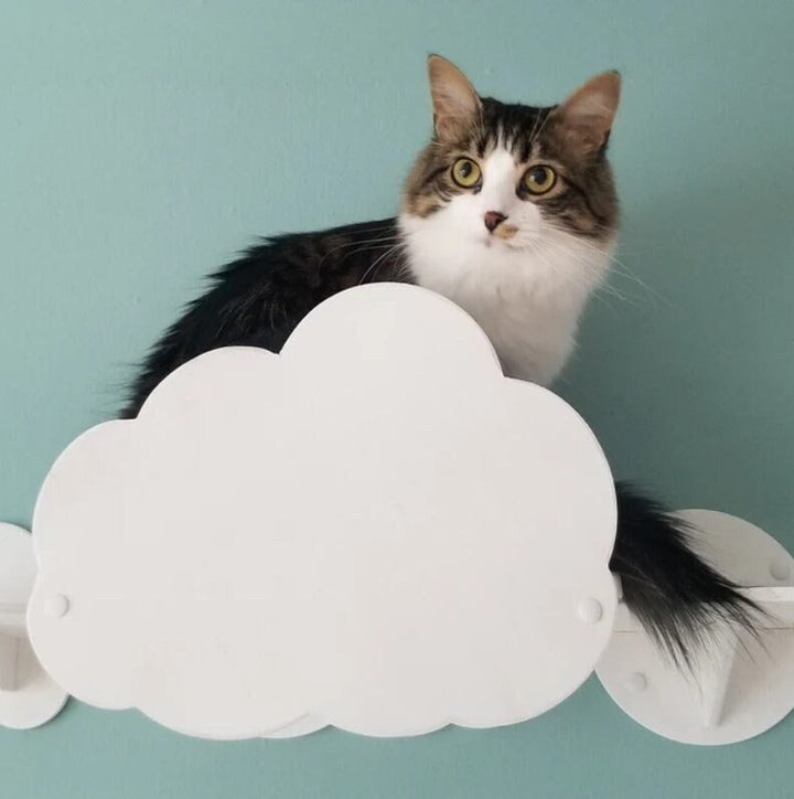 Modern Chunky Flying Cat Bed with White Fur | Wall mounted cat bed - gift for cat lover! | Cloud Calming Cat Bed, cozy and soft, for indoors