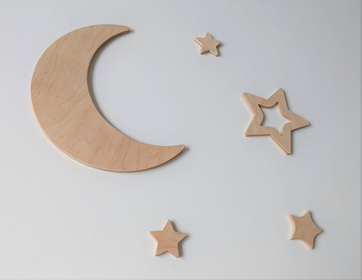 Wooden Wall Stars from Plywood, Self Adhesive, Nursery Wall Decor, Moon wall decor with Stars, Wood wall decor set, Wall hanging with moon