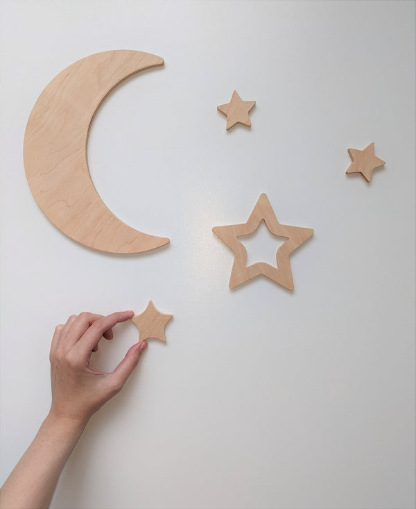 Wooden Wall Stars from Plywood, Self Adhesive, Nursery Wall Decor, Moon wall decor with Stars, Wood wall decor set, Wall hanging with moon