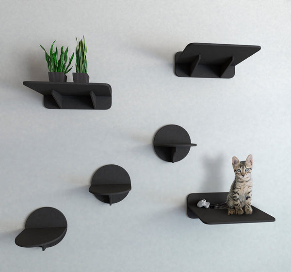 Cat Wall Shelves Set in Black color with 3 Steps and 3 Shelves, Cat shelves, Cat furniture, Cat tree, Cat tower, Cat wall furniture, Shelf