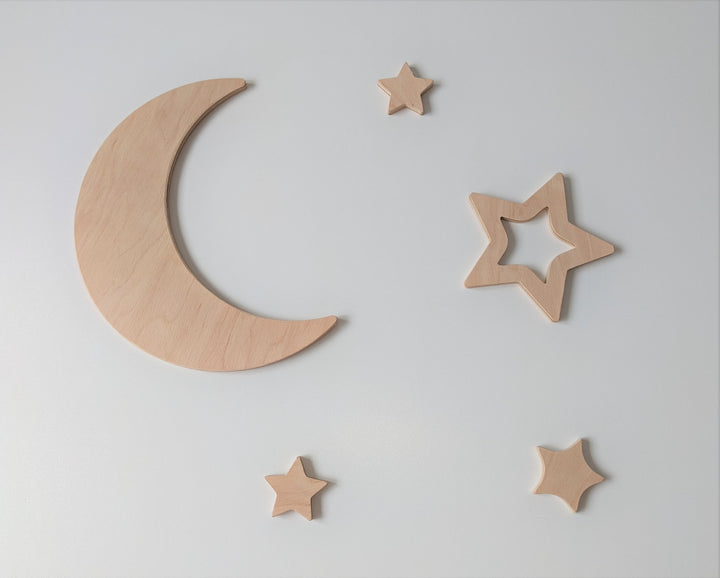 Wooden Wall Stars from Plywood, Self Adhesive, Nursery Wall Decor, Moon wall decor with Stars, Wood wall decor set, Wall hanging with moon