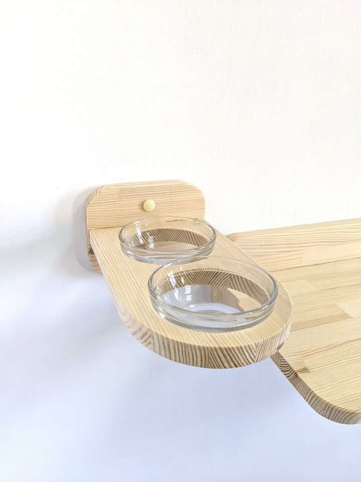 Set of Cat Feeder Shelf with 2 glass bowls and XL Shelf, Wall cat feeder, Elevated cat bowl, Cat wall feeder, Cat feeding shelf Dog proof