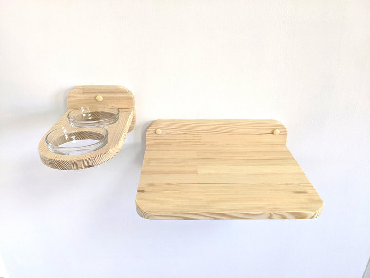 Set of Cat Feeder Shelf with 2 glass bowls and XL Shelf, Wall cat feeder, Elevated cat bowl, Cat wall feeder, Cat feeding shelf Dog proof