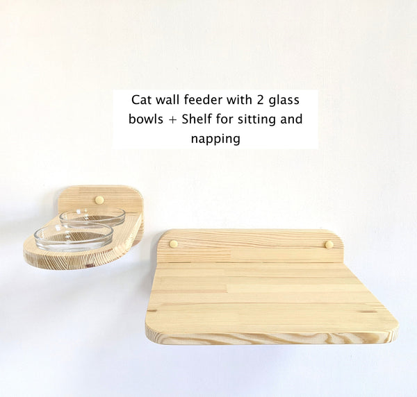 Set of Cat Feeder Shelf with 2 glass bowls and XL Shelf, Wall cat feeder, Elevated cat bowl, Cat wall feeder, Cat feeding shelf Dog proof