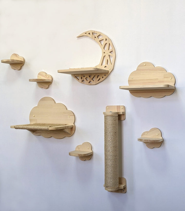 Set of 8 Cat Shelves "Clouds and Half Moon" - Scratching post, Cloud Steps, Cloud Hammock, XL Shelf and Half Moon, Cat furniture, Katzenbaum