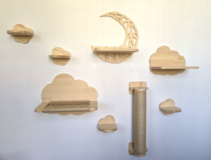 Set of 8 Cat Shelves "Clouds and Half Moon" - Scratching post, Cloud Steps, Cloud Hammock, XL Shelf and Half Moon, Cat furniture, Katzenbaum