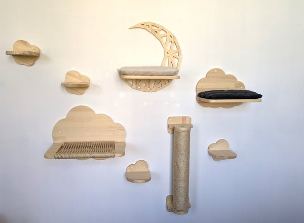 Set of 8 Cat Shelves "Clouds and Half Moon" - Scratching post, Cloud Steps, Cloud Hammock, XL Shelf and Half Moon, Cat furniture, Katzenbaum