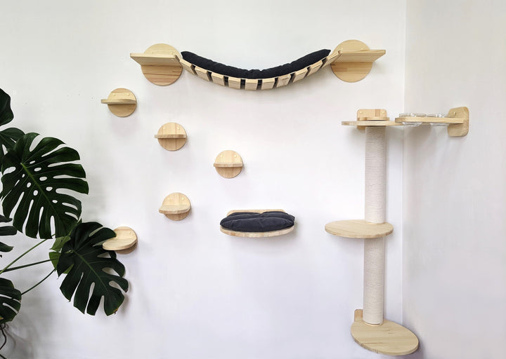 SET of 9 Cat Shelves: Bridge with pillow, 5 Steps, Scratching post, Round Shelf, Feeder 2 Bowls, Cat furniture, Cat wall shelves, Cat ladder