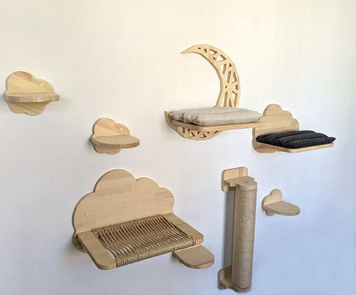 Set of 8 Cat Shelves "Clouds and Half Moon" - Scratching post, Cloud Steps, Cloud Hammock, XL Shelf and Half Moon, Cat furniture, Katzenbaum