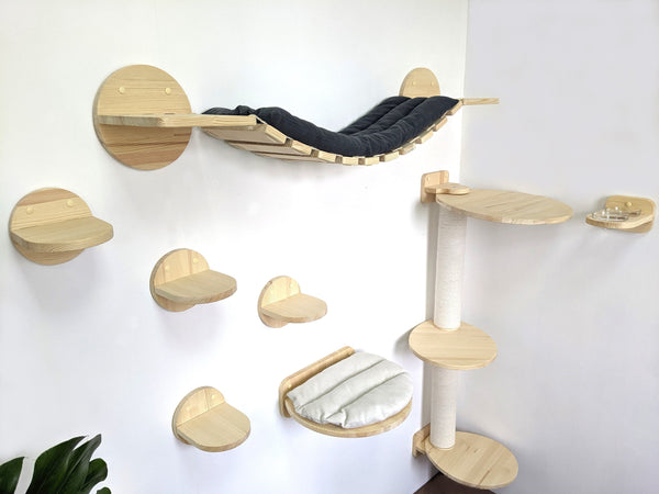 SET of 9 Cat Shelves: Bridge with pillow, 5 Steps, Scratching post, Round Shelf, Feeder 2 Bowls, Cat furniture, Cat wall shelves, Cat ladder