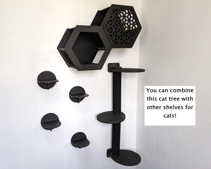 Stylish SET of 7 Cat Shelves for wall in a Black Color, Cat Furniture Set included Cat Tree Tower, L Steps and Hexagons with pillows