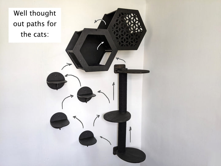 Stylish SET of 7 Cat Shelves for wall in a Black Color, Cat Furniture Set included Cat Tree Tower, L Steps and Hexagons with pillows