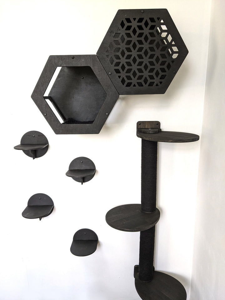 Stylish SET of 7 Cat Shelves for wall in a Black Color, Cat Furniture Set included Cat Tree Tower, L Steps and Hexagons with pillows