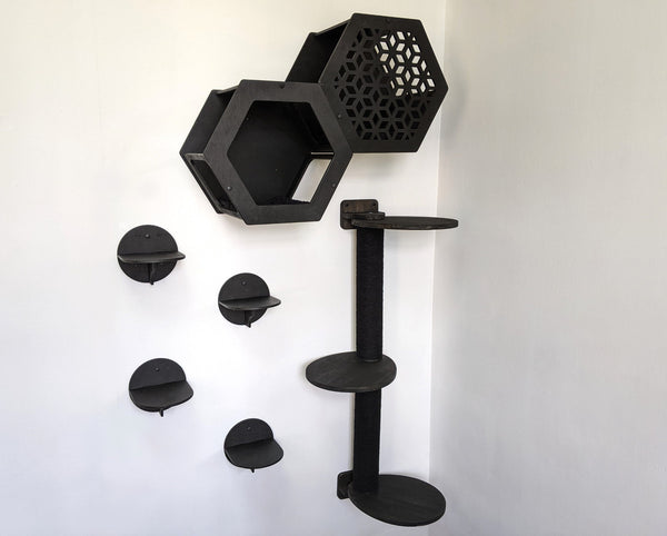 Stylish SET of 7 Cat Shelves for wall in a Black Color, Cat Furniture Set included Cat Tree Tower, L Steps and Hexagons with pillows