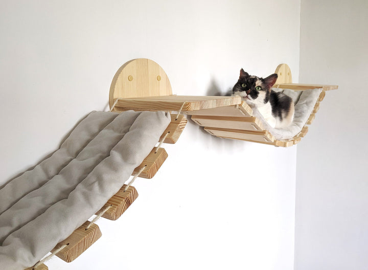 Double Cat Bridge from PineWood, L Sized with or without pillow, Modern cat furniture shelves for all types of walls, Cat wall furniture