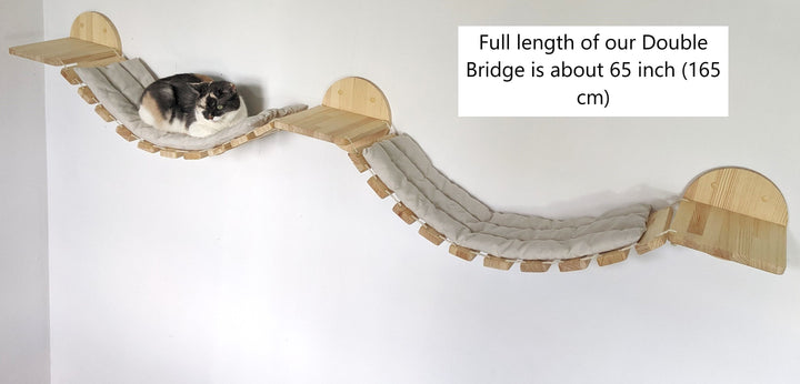 Double Cat Bridge from PineWood, L Sized with or without pillow, Modern cat furniture shelves for all types of walls, Cat wall furniture