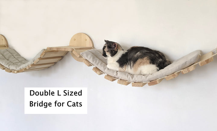 Double Cat Bridge from PineWood, L Sized with or without pillow, Modern cat furniture shelves for all types of walls, Cat wall furniture