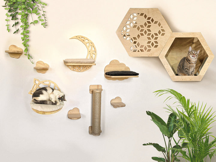 Set for Cats Geometric Cuteness: L Hexagons, Halfmoon, Cloud shelf and 4 steps, Ball Shelf, Cat scratching post with sisal. Indoor, Outdoor!