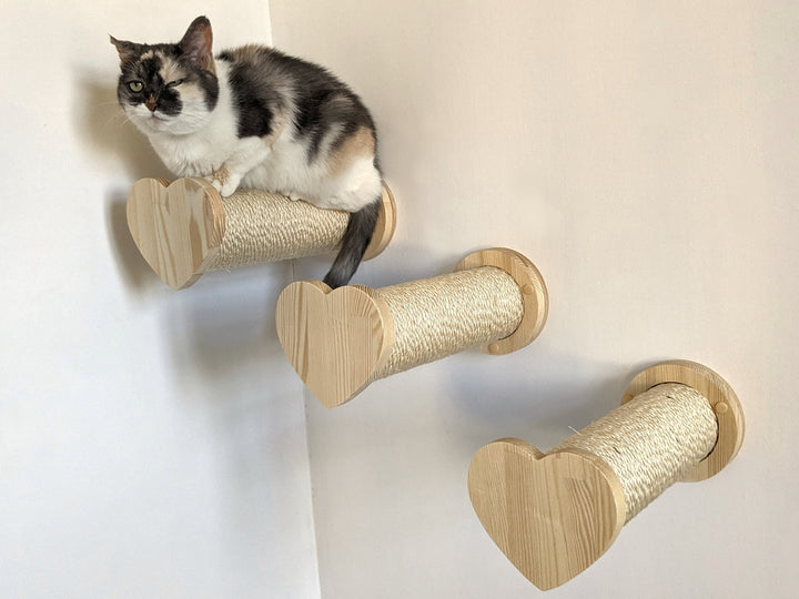 SET of 3 Scratching Post Cat Steps Heart Design, Cat Wall Furniture for Cats, Cat scratcher for Wall, Gift for Cats