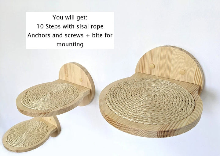 SET OF 10 Beautiful Cat Steps for walls with sisal rope, Modern Cat Shelves for wall from Ukraine, 5 color for wood, Cat furniture 2023