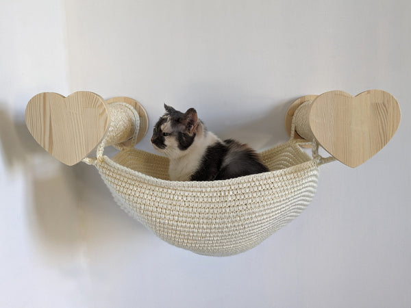 Big Sisal Cat Hammock Bed with 2 Scratcher Posts Hearts Version, 100% Handmade Cat Wall Furniture from Ukraine, Perfect for Big Cats