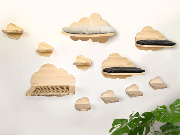 Cat Furniture Set "We need more Clouds!" include: Corner Shelf Bed with pillow, 7 Cloud Steps, 2 Shelves with pillows, Hammock with Sisal