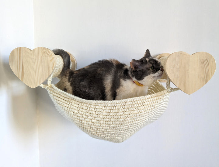 Big Sisal Cat Hammock Bed with 2 Scratcher Posts Hearts Version, 100% Handmade Cat Wall Furniture from Ukraine, Perfect for Big Cats