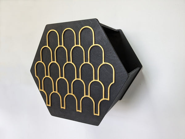 Cat Hexagon in Black with Gold Decor Panel and Gray Pillow inside, Cat wall furniture, Cat shelves, Сat Tree, Cat wall shelves