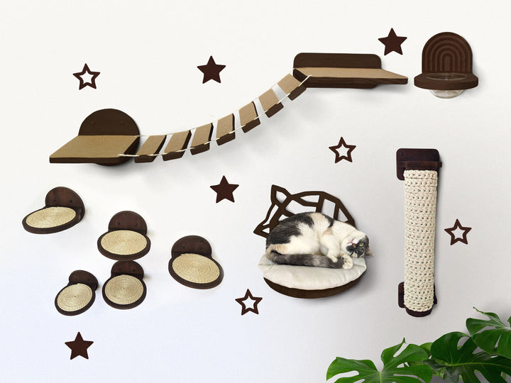 Set of Cat Furniture for Walls (Any Type), Cat Feeder Station, Modern Tree, 5 Sisal Round Steps, Halfmoon Bed, Cat Wall Shelves Stars Decor