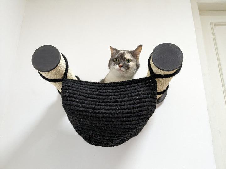 Sisal Cat Hammock Bed with 2 Scratcher Posts in Black Cotton, 100% Handmade Cat Wall Furniture from Ukraine, Perfect Cat Wall Shelves Couch