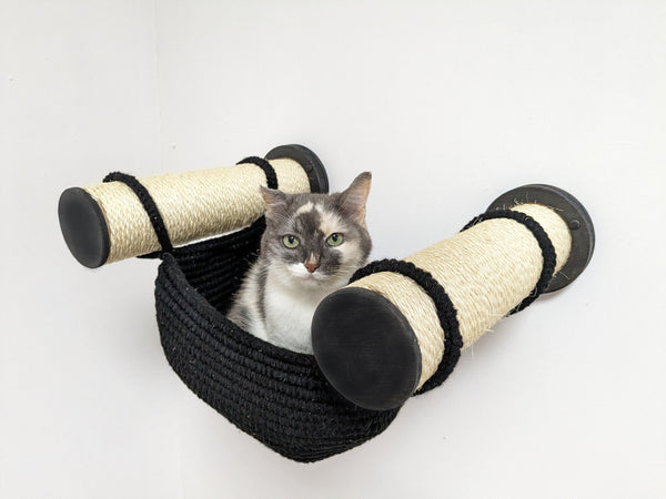 Sisal Cat Hammock Bed with 2 Scratcher Posts in Black Cotton, 100% Handmade Cat Wall Furniture from Ukraine, Perfect Cat Wall Shelves Couch